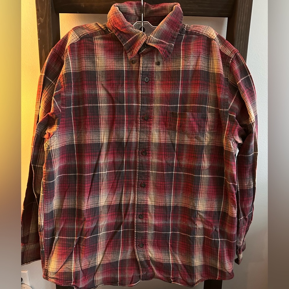 Eddie Bauer Red, Dark Grey & Cream/Yellow Plaid Relaxed Fit Shirt